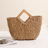 Sac à main en paille en forme de losange en bois et en demi-cercle, sac de plage de vacances en soie dorée mélangée